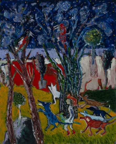 Artemis and her hounds visit the tree museum 24x30 Acrylic & oil on panel 2026